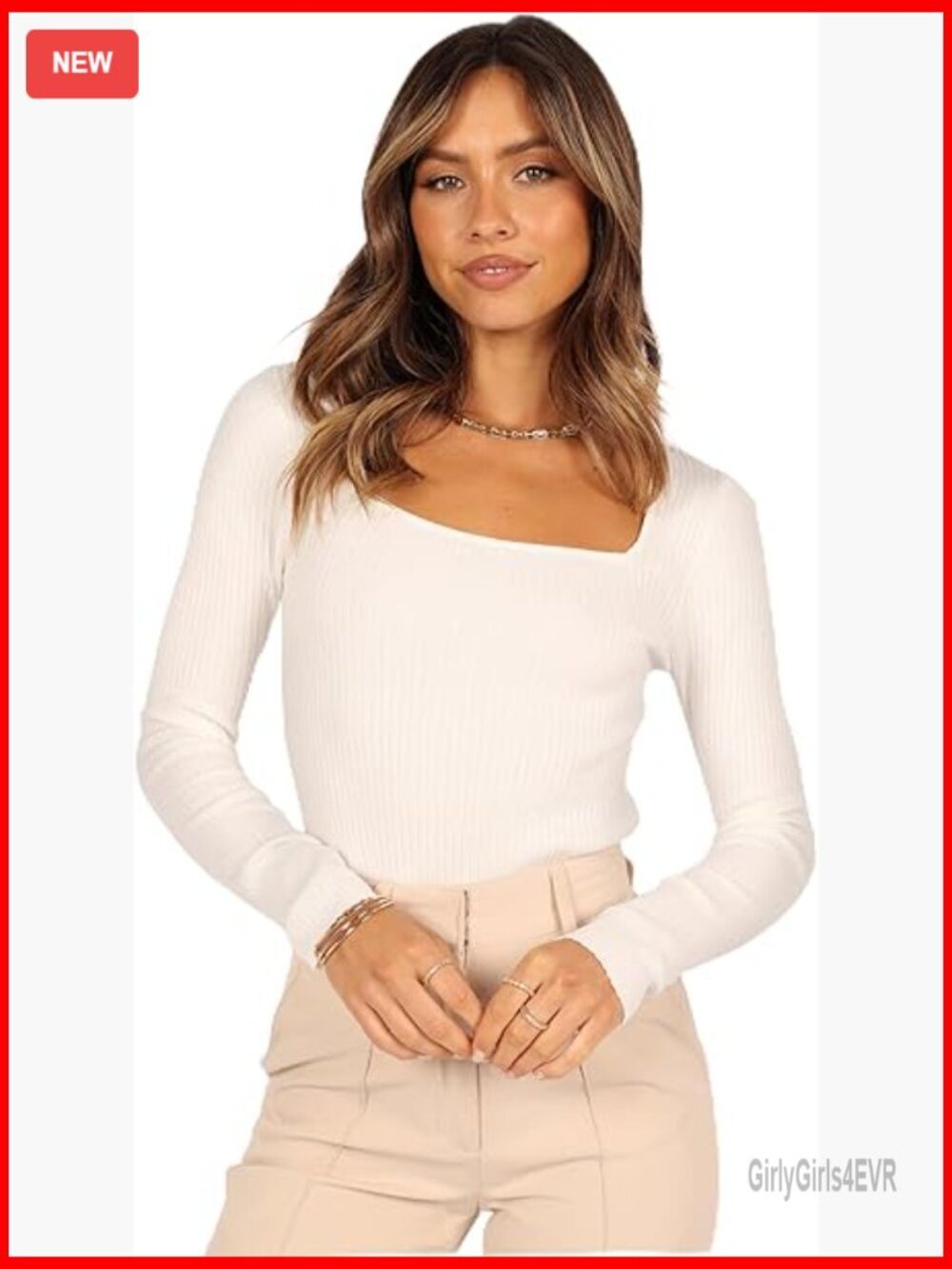 Ribbed Knit Square Neck Top - Long Sleeve Pullover Blouse